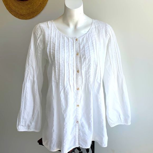 Calypso St. Barth Tops - Calypso Boho white cotton pleated long sleeve O- neck blouse-tunic- shirt, M